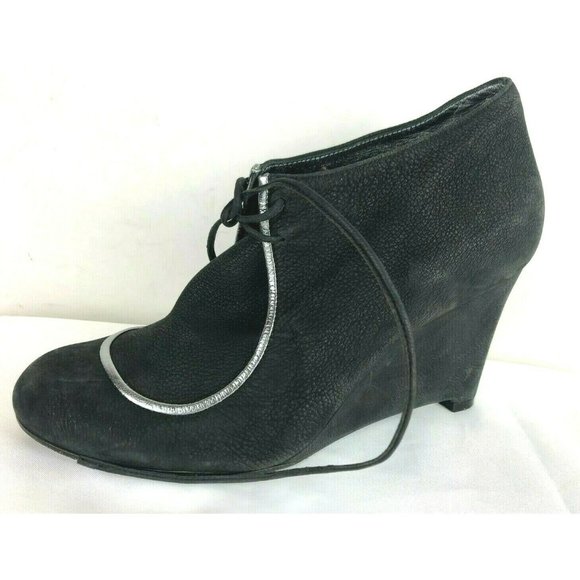 MICHEL VIVIEN Italy Black Wedge Booties Black Pebble Suede Leather Boots Sz 39 - Picture 6 of 9